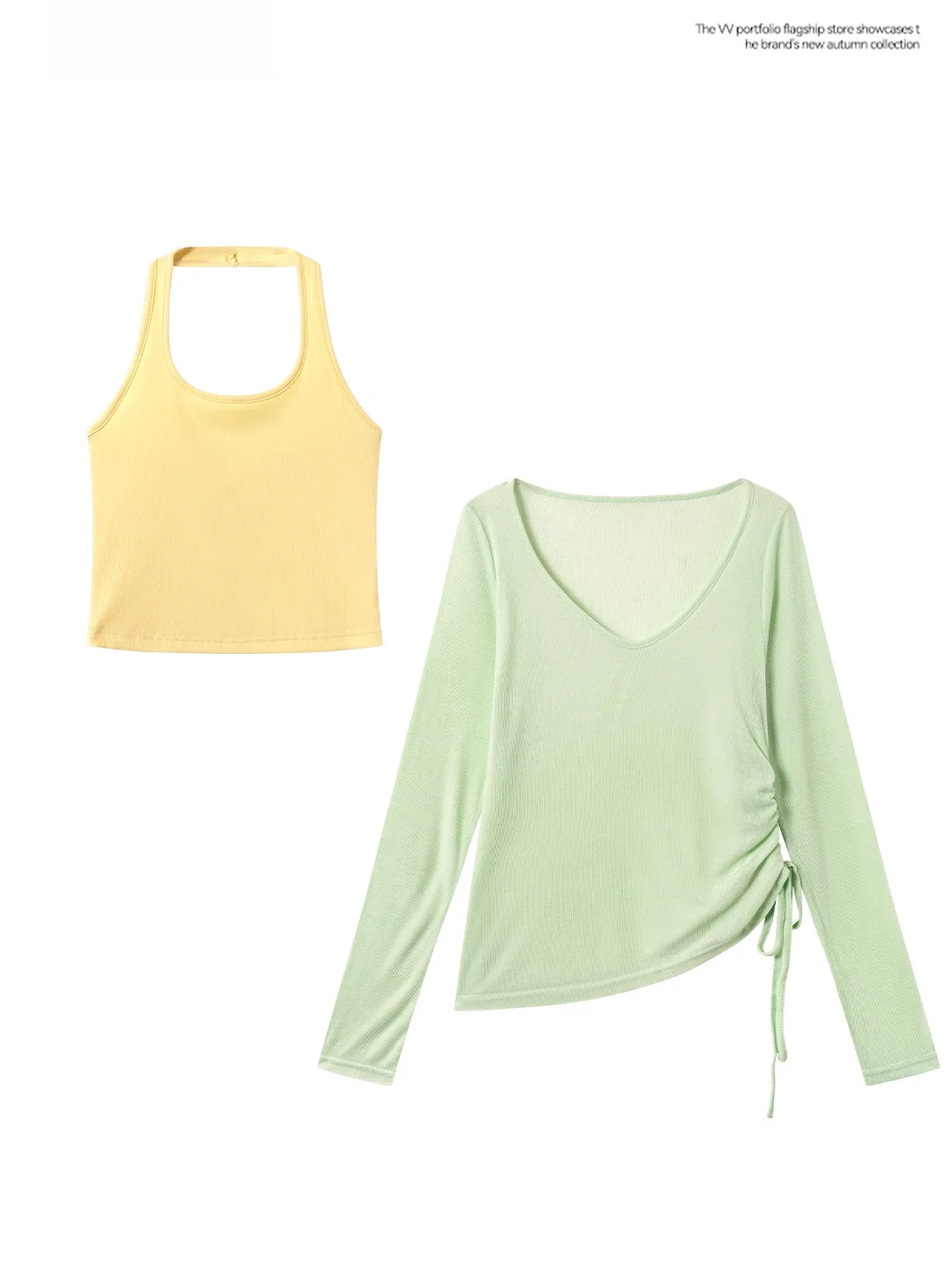

Elegant Green V-Neck Long Sleeve Thin Cover up T-Shirt Women Summer Sweet Spicy Girl Neck Hanging Vest Two Piece Set
