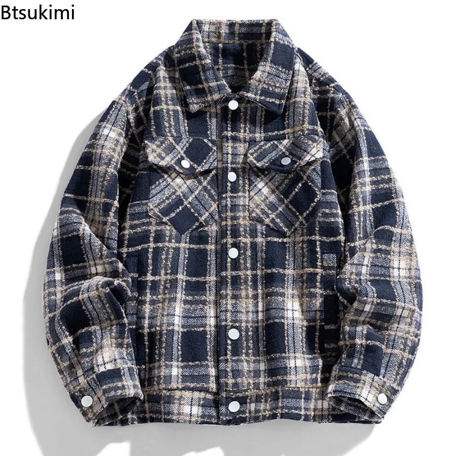 New 2025 Men's Vintage Plaid Jackets Autumn Winter Fashion Harajuku Loose Casual Shirt Coats Multi-pockets Men Jacket Streetwear