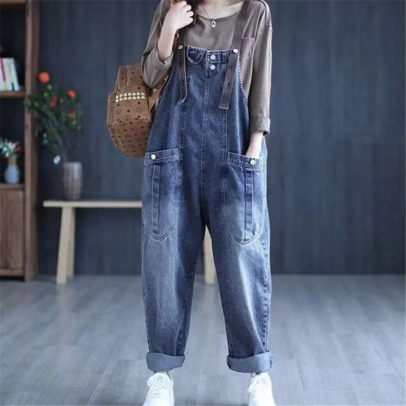 Vintage Casual Streetwear Big Pocket Loose Jeans Harem Pants Overalls Jumpsuit Women\'s Korean Style Baggy Denim Rompers Trousers