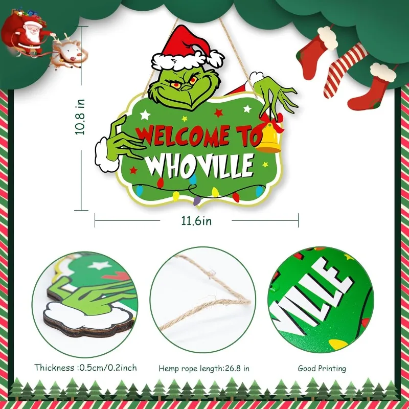 شماعة باب Whoville للعطلات - لافتة ترحيب لعيد الميلاد للدخول الأمامي، زينة عيد الميلاد مستوحاة من ديكور المنزل والحفلات من Dr Seuss #2