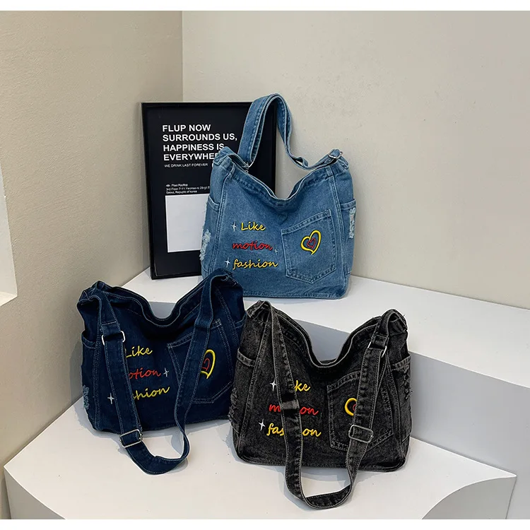 

Embroidered denim durable single-shoulder bag, large-capacity ladies' tote bag, student tutorial bag, crossbody bag