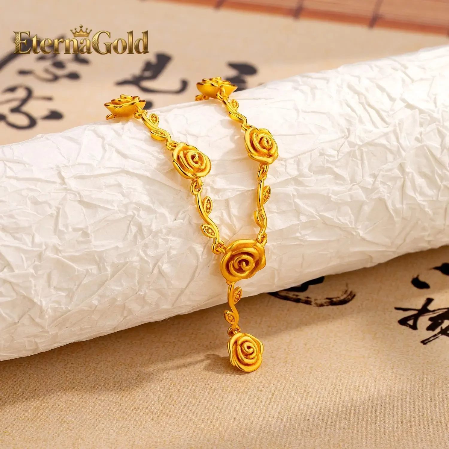 

EternaGold 24K real gold Rose twig pendant necklace 999 pure gold fashion antique flower design temperament everything clavicle
