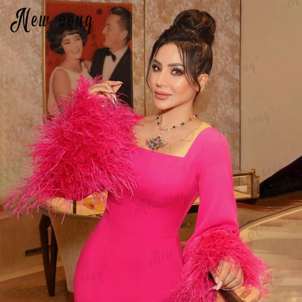 Fashion Feather Hot Pink Gala Party Dress Women Elegant Wedding Night Gowns Tailor Made Luxury Celebrity Gown Evening Dresses