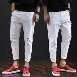 Pantalones vaqueros blancos rasgados para hombre, Jeans desgastados para primavera y verano, talla grande 38, 40, 42, 2023