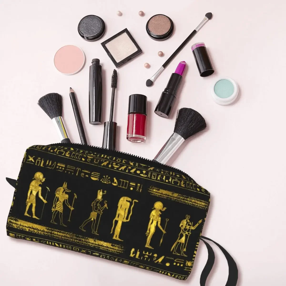 Golden Egyptian Gods Hieroglyphics Makeup Bag Women Travel Cosmetic Organizer Kawaii Ancient Egypt Symbol Storage Toiletry Bags