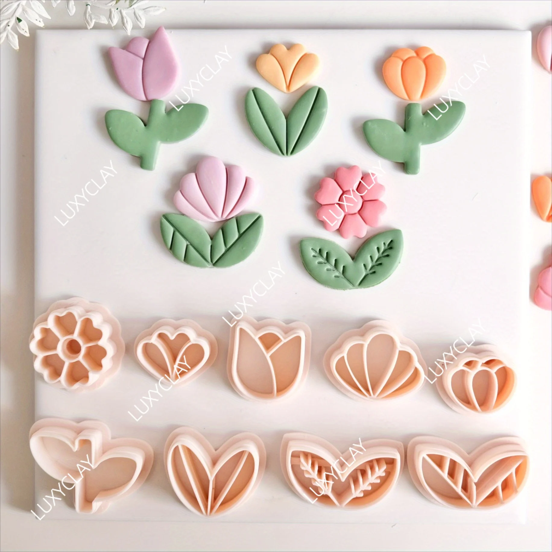 9pcs Spring Stem Flowers Leaves Shape Embossed Polymer Clay Cutters for Earring Jewelry Making, Tulip Flower Petal Clay Molds