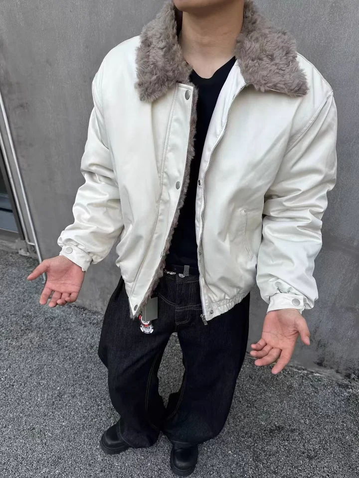 

Thiened Lamb Fur Collar Bomber Jaet ort Cotton Coat ex Loose Fit Warmth Casual Long Sve Pure Color Winter Coat