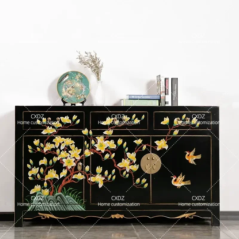 New Chinese Style Solid Wood Antique Side Cabinet Hand Painted Three Door Storage Entrance Shoe Cabinet Living Room