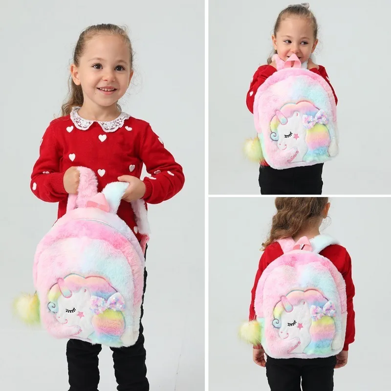 Cartoon Plush Backpack Unicorn Tie-dye Cute Children's Schoolbag Kindergarten Girls' Schoolbag Plush Backpack for Girls