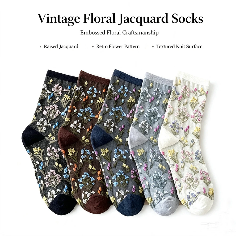 5 Pair Women Vintage Floral Jacquard Middle Tube Socks Embossed Cute Flower Soft Casual Daily Socks For Ladies
