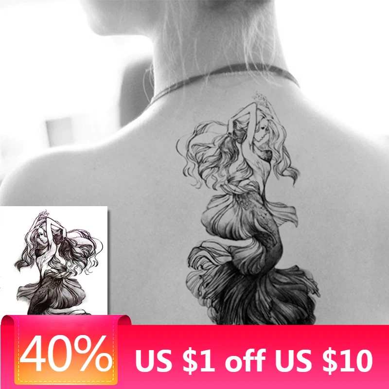 Русалка водостойкие Временные татуировки большой цветок рука татуировки женщины Roamantic мода бедро тело назад искусство татуировки наклейки оптом