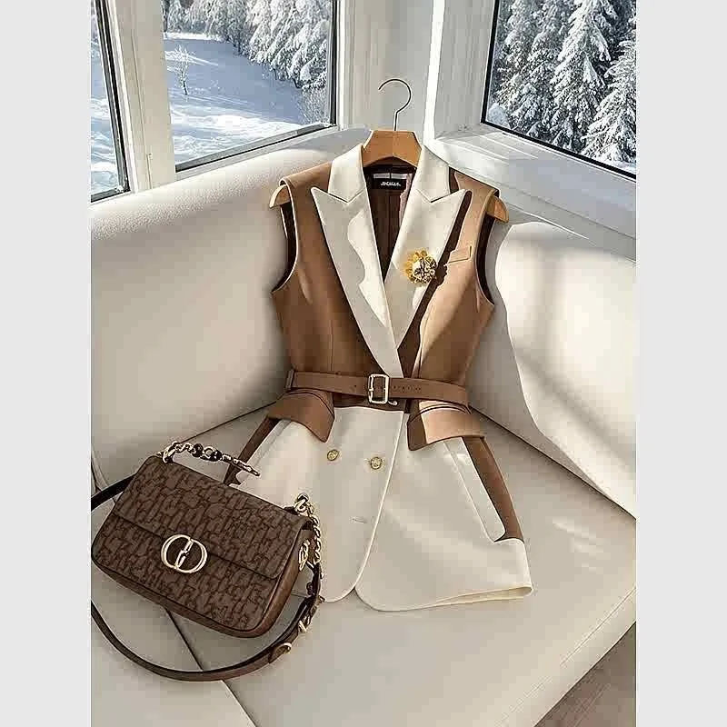 Vest Women's 2026 New Spring Fashion Hot item This Year Small and Super Good-Looking Coffee Color Splicing Suit Vest Commuting