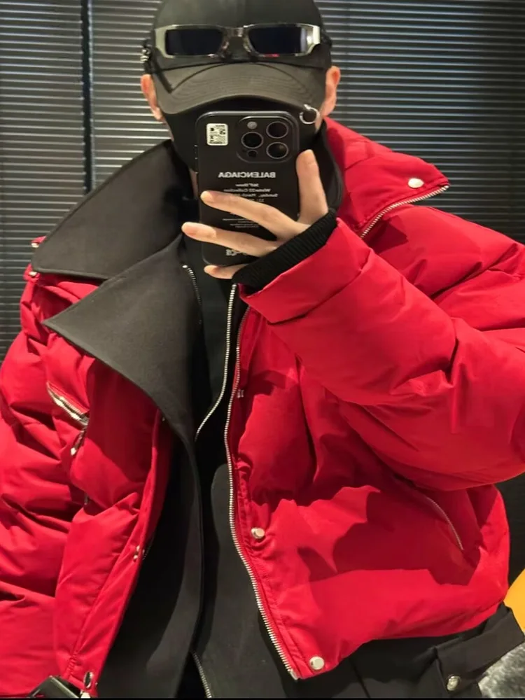 Winter Thickened Short Cotton Jacket Men's Fashion Brand Diamond Studded Suit Collar Zipper Closure Warmth Youth Casual Style