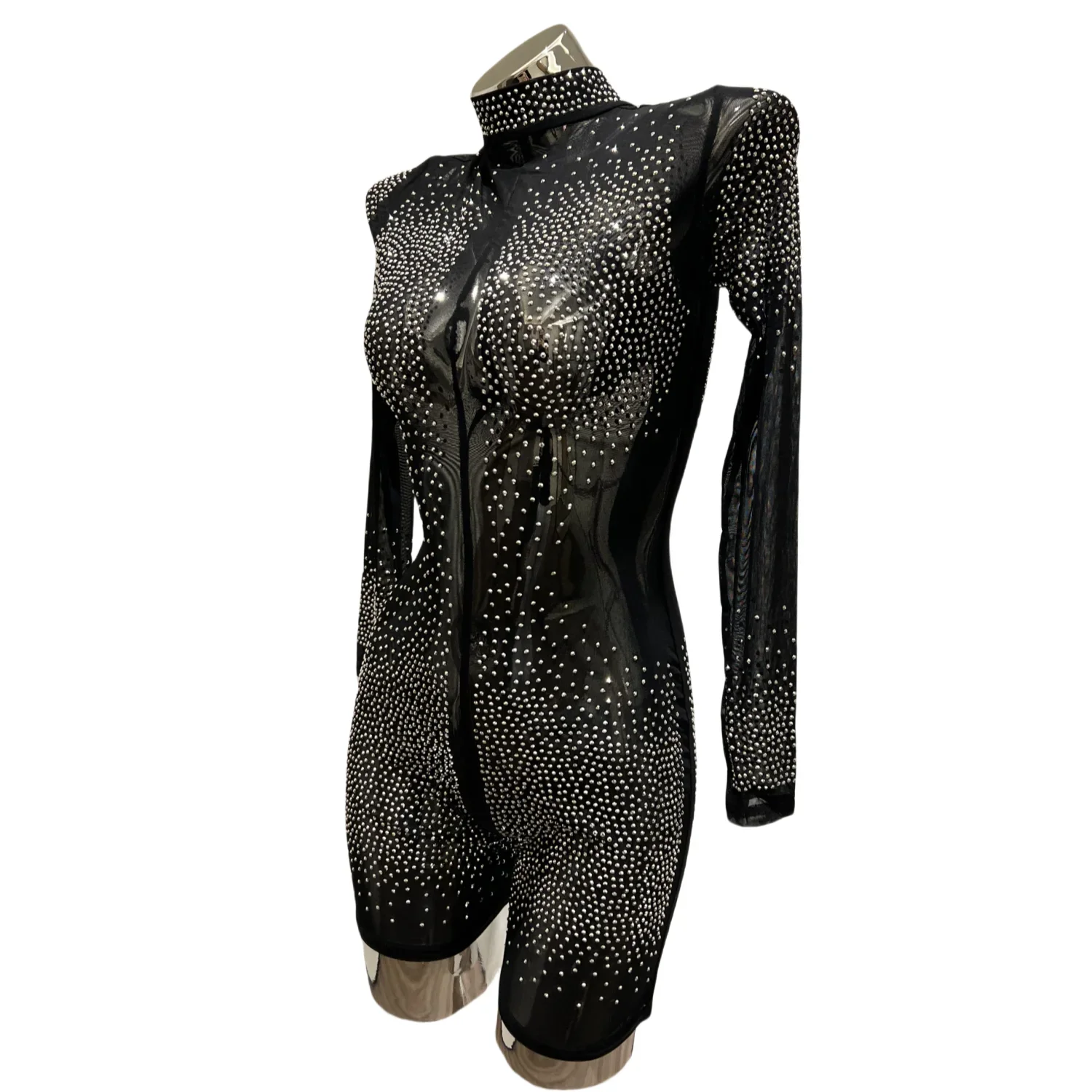 Sparkle Rhinestones Party Perspective Jumpsuit Sexy Black Long Sleeve Bodysuits Party Prom Club Outfit Fashion Photo Shoot Wear