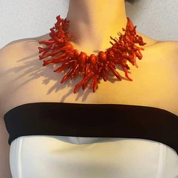 2Pcs Vintage Exaggerated Red Coral Beaded Necklace For Women Girls Bohemian Style Statement Irregular Necklace Holiday Gifts