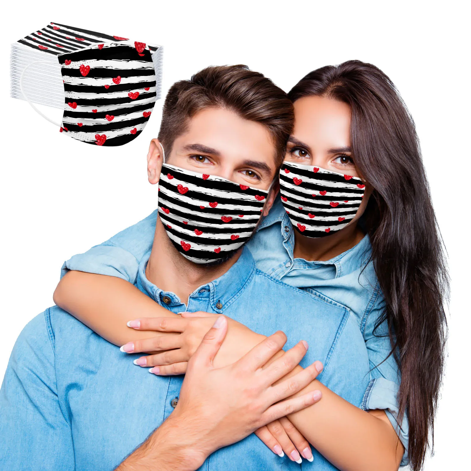 10/50pcs Adult Disposable Mask Fashion Striped Heart Print Couples Family Friend Mask Outdoor Comfy Three-Layer Breathable Mask