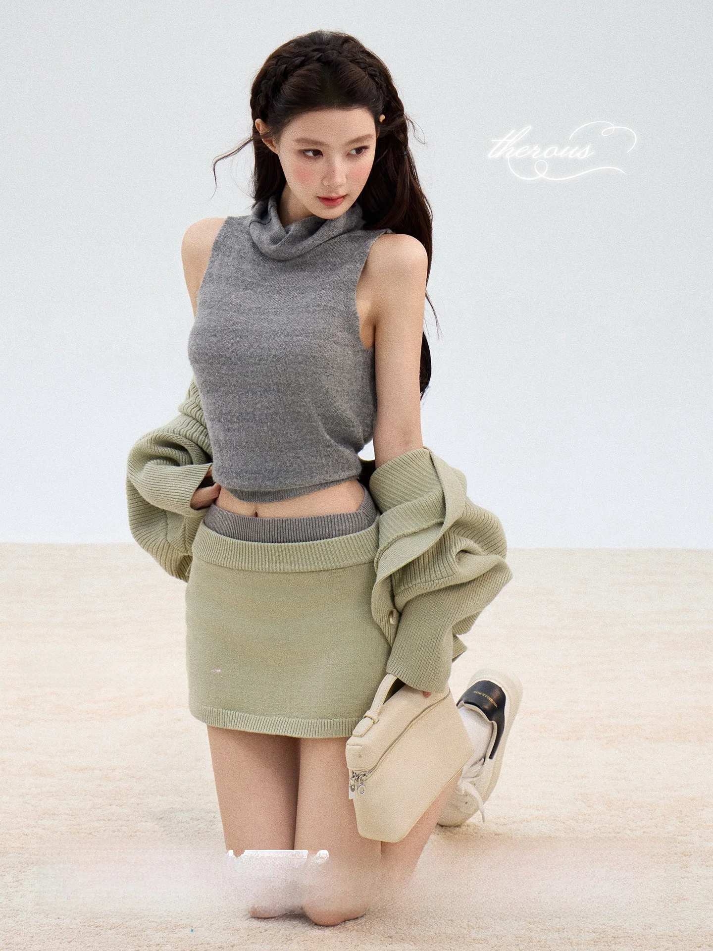 

Exue Batwing Sve Knitted Vest Women's Base Layer ort Top with Waist Head And f Skirt Set Spring Season Color Blo