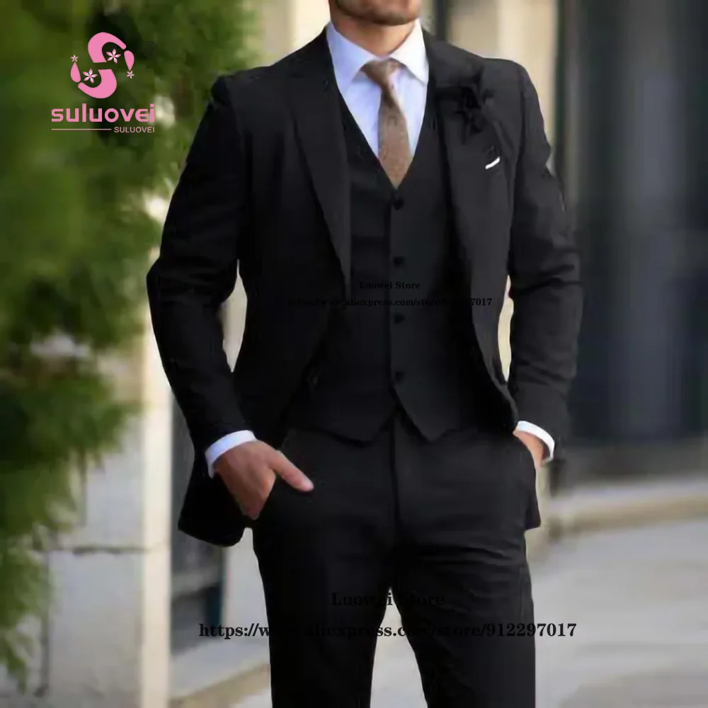 

100% Natural Wool Slim Fit Suit For Men High Quality Customize 3 Piece Jacket Vest Pants Set Formal Grooms Wedding Party Tuxedos