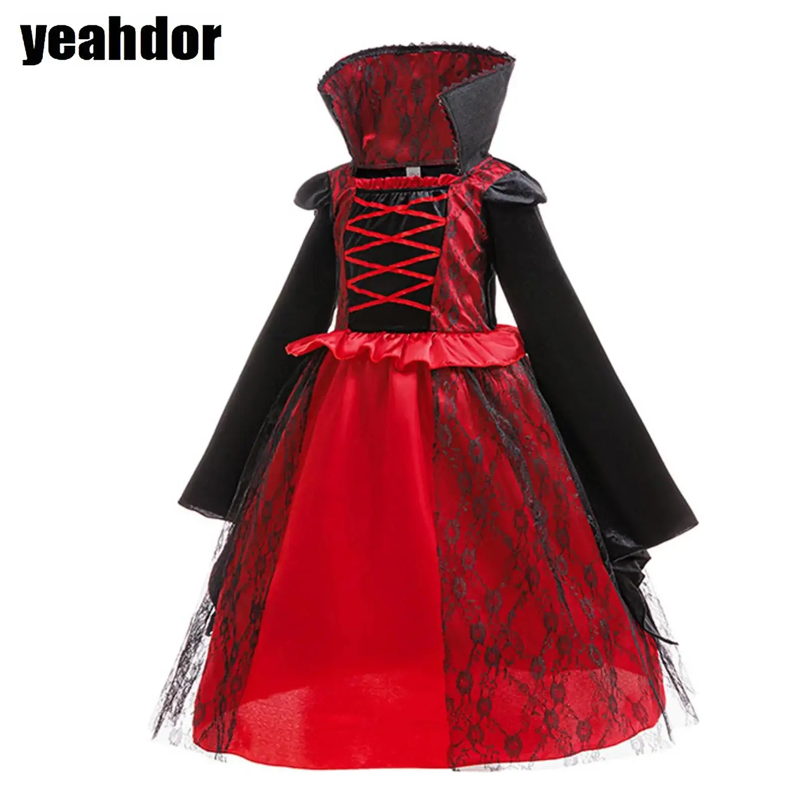 

Girls Royal Vampire Cosplay Costume Stand-Up Collar Long Bell Sleeve Lace-Up Ruffled Floral Lace Gowns Halloween Gothic Dress