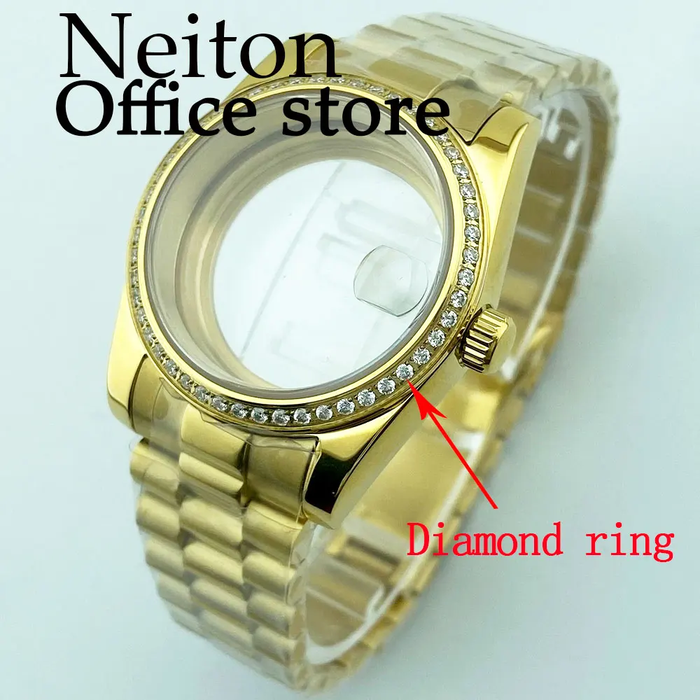 NEITON 36mm/39mm gold watch case sapphire glass gemstone bezel fit NH35 NH36 NH34 ETA2824 2836 Miyota8215 PT5000 movement