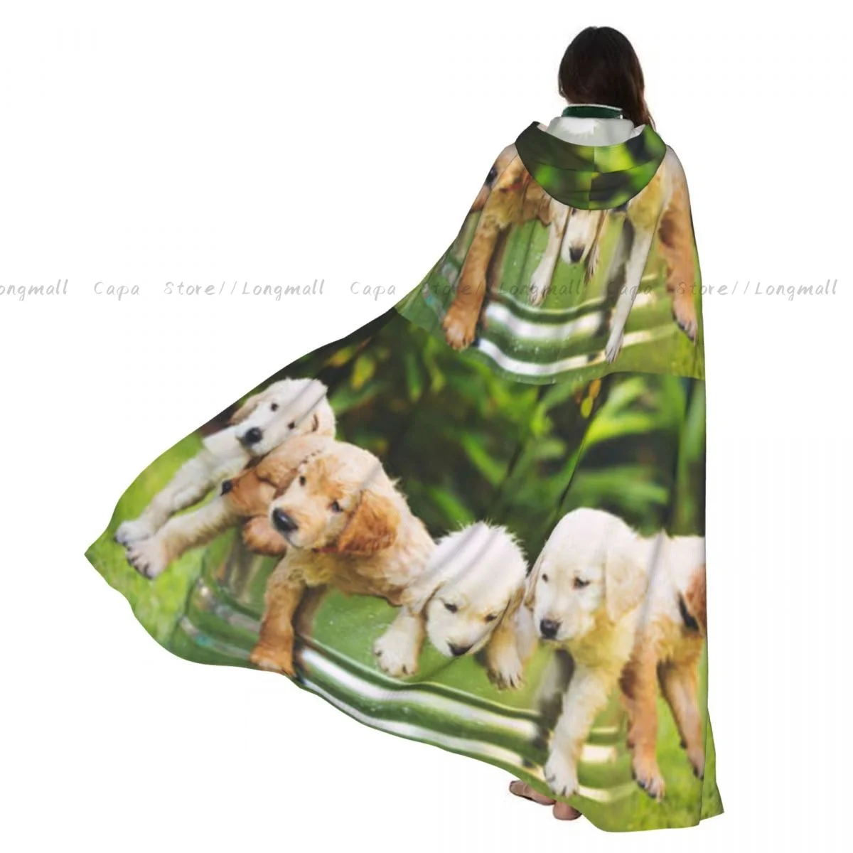 

Adult Halloween Adorable Group Of Golden Retriever Puppies In The-yard Cloak Cape Hooded Medieval Costume Full Length Dress Coat