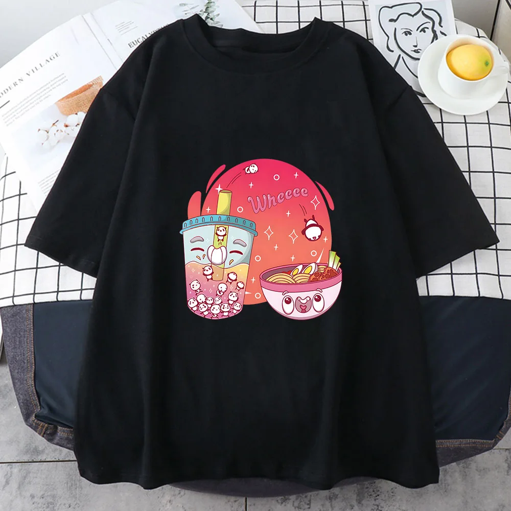 Bubble Boba Milk Tea T Shirt Drinking Noodles Print Kawaii Cartoon Tops Summer Short Sleeve Girl T-shirt Tees O-Neck Streetwear