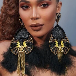 Exaggerated Black Feather Earrings for Drag Queen Statement Accessories Fashion Design Large Rhinestone Dangle Earrings Party