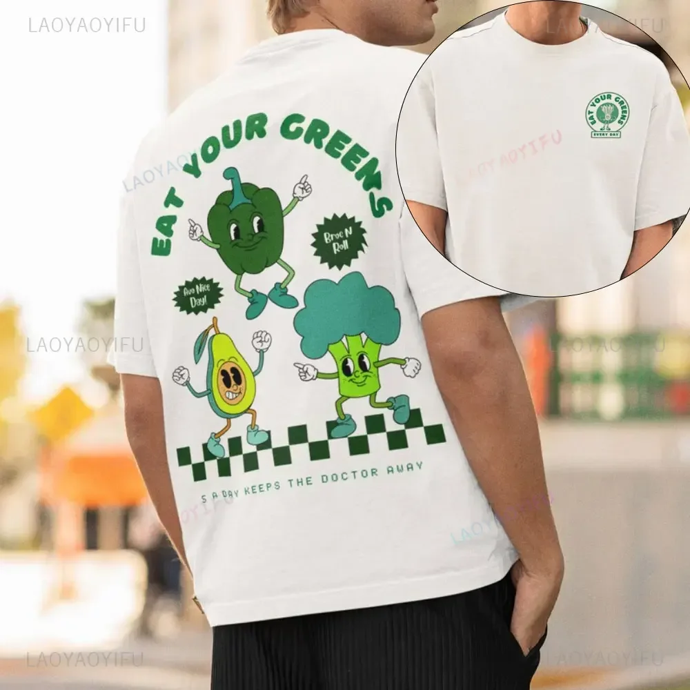 أكل الخضر الخاص بك وثيقة البقاء بعيدا القطن الأبيض تي شيرت بوهو طباعة الإفطار التي شيرت الصحة العقلية للجنسين الصيف قصيرة الأكمام Crewneck #1