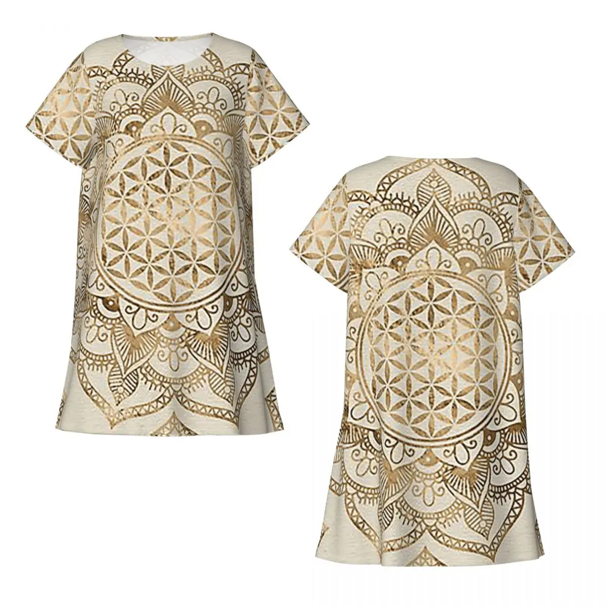 Flower Of Life In Lotus Pastel Golds And Canvas Short Sleeves Nightdress For Sleeping Women Short Sleeve Nightgowns Pajama Dress