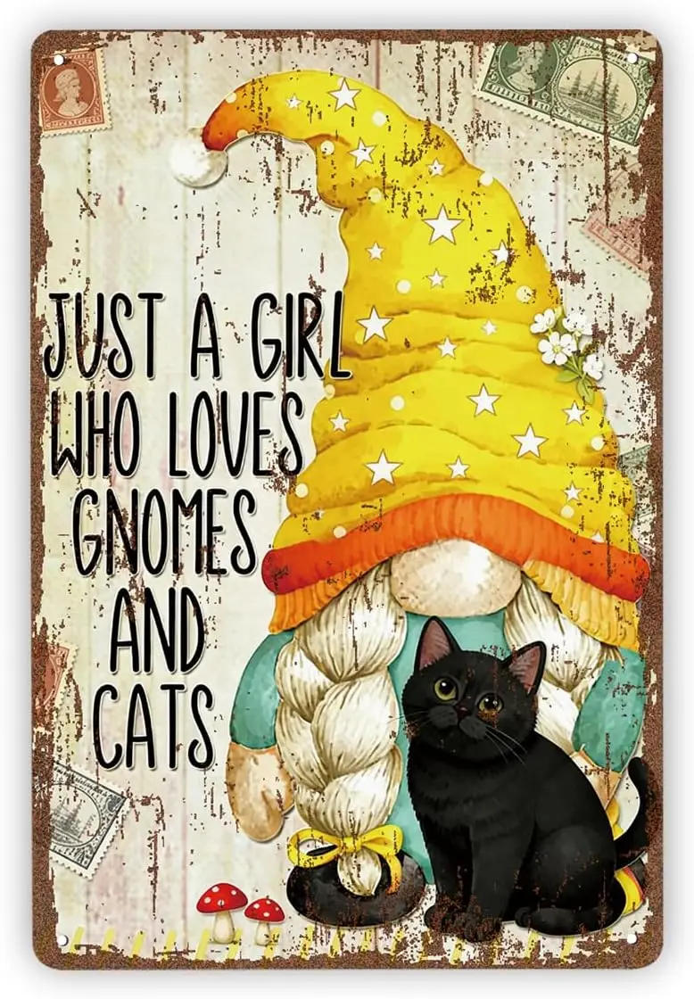 Vintage Metal Tin Sign, Gnome Wall Decor, Just a Girl Who Loves Gnomes and Cats, Funny Home Decoration for Living Room & Pat