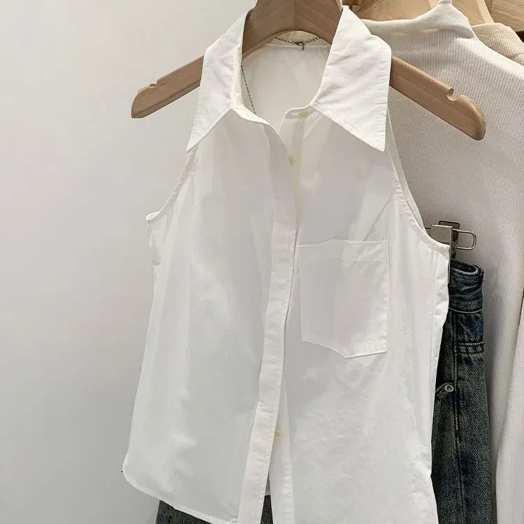 Unique Beautiful Blue  Neck Sleeveless Shirt Women Summer Commute Outfit Single Button Vest Small Top Polyester Fabric