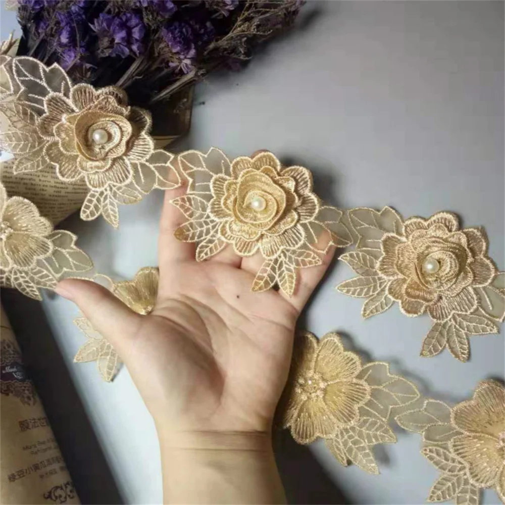 1 Yard Vintage Gold Polyester Perle Blume bestickt Spitzenbesatz Band Stoff handgemachte Kleidungsstück Hochzeitskleid Nähen Handwerk