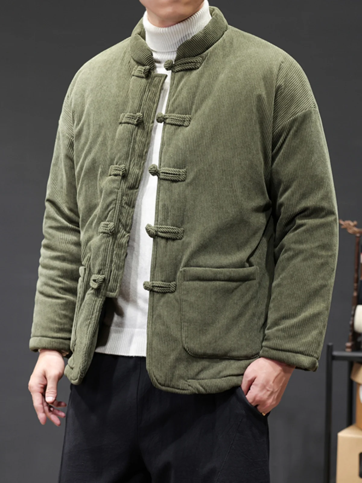 

Thiened Cotton Padded Jaet with Button Design Warm Dad Traditional Chinese Sle Winter Outerwear Youth Faion Stand Fit