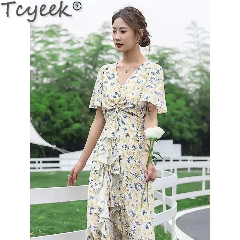 Tcyeek 100% Mulberry Silk Dress 2023 Summer New Women's Dresses High Waist Slim Dresses Women Clothing High End Long Dress LM