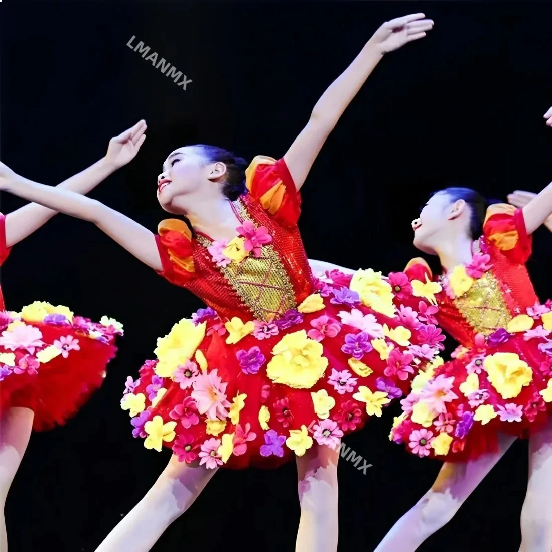 

Girls' Ethnic Dance Costume: Red Puffy Tulle Skirt with Sequined Princess Petal Dress and Headband
