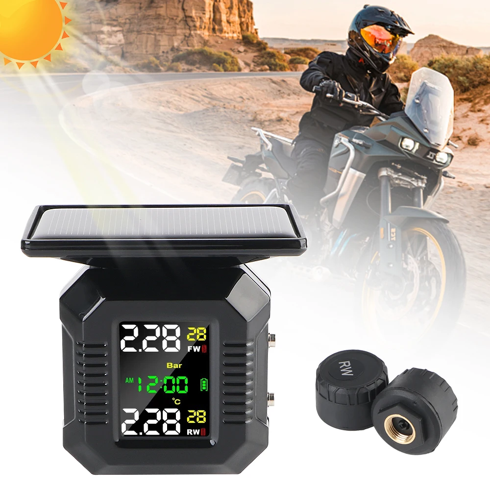 Intelligent M10 With Clock 2 External Sensors Solar TPMS Temperature Warning Fuel Save Motorcycle Tyre Pressure Monitor