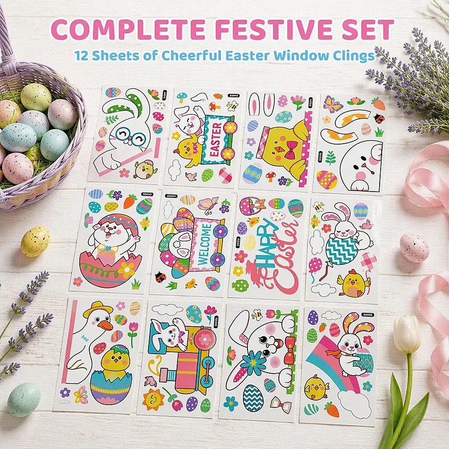 5Pcs Easter Window Stickers Rabbit Floral Chick Pattern Removable Reusable Double Sided for Bedroom Living Room Decor
