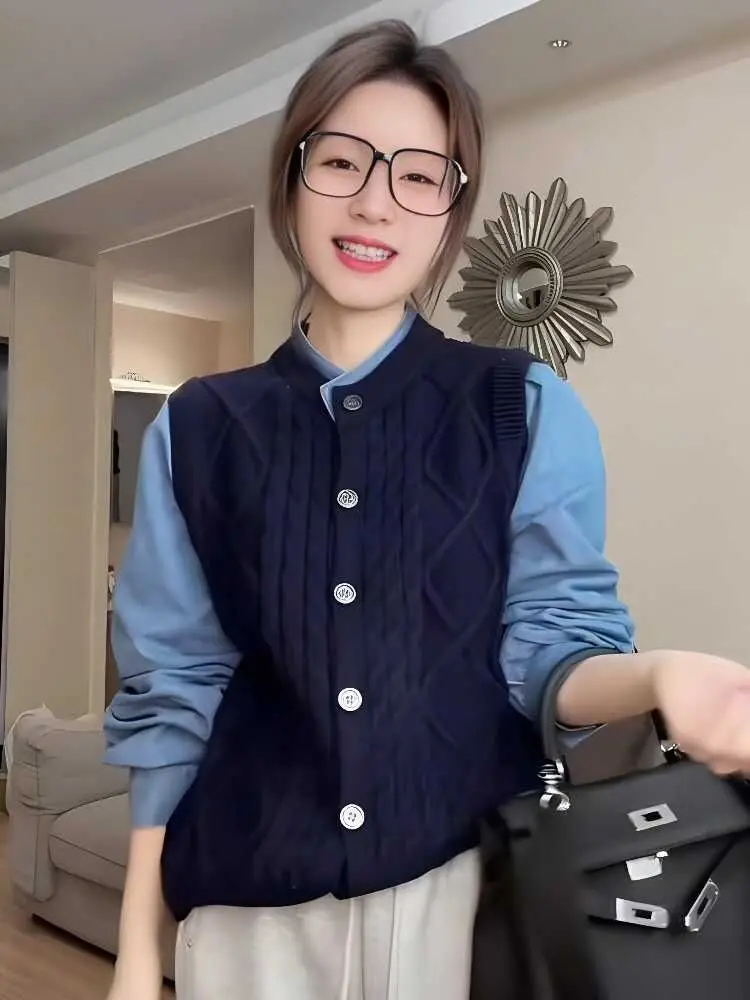 Spring New Fashion Style Slimming Versatile Top Denim Shirt Patchwork Fake Two-piece Knitted Sweater for Women Blouses Shirts