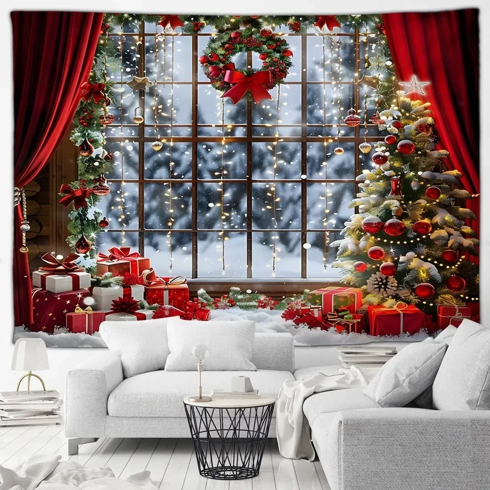 Christmas Day party decoration tapestry Winter snow scene Christmas tree garland window landscape wall hanging home decoration