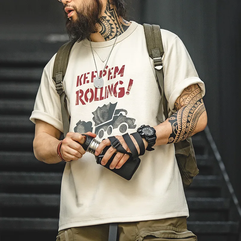 Maden Workwear American Retro Graffiti Letter Print Short Sleeve T-Shirt Mixed round Neck Apricot  Tee Men Summer
