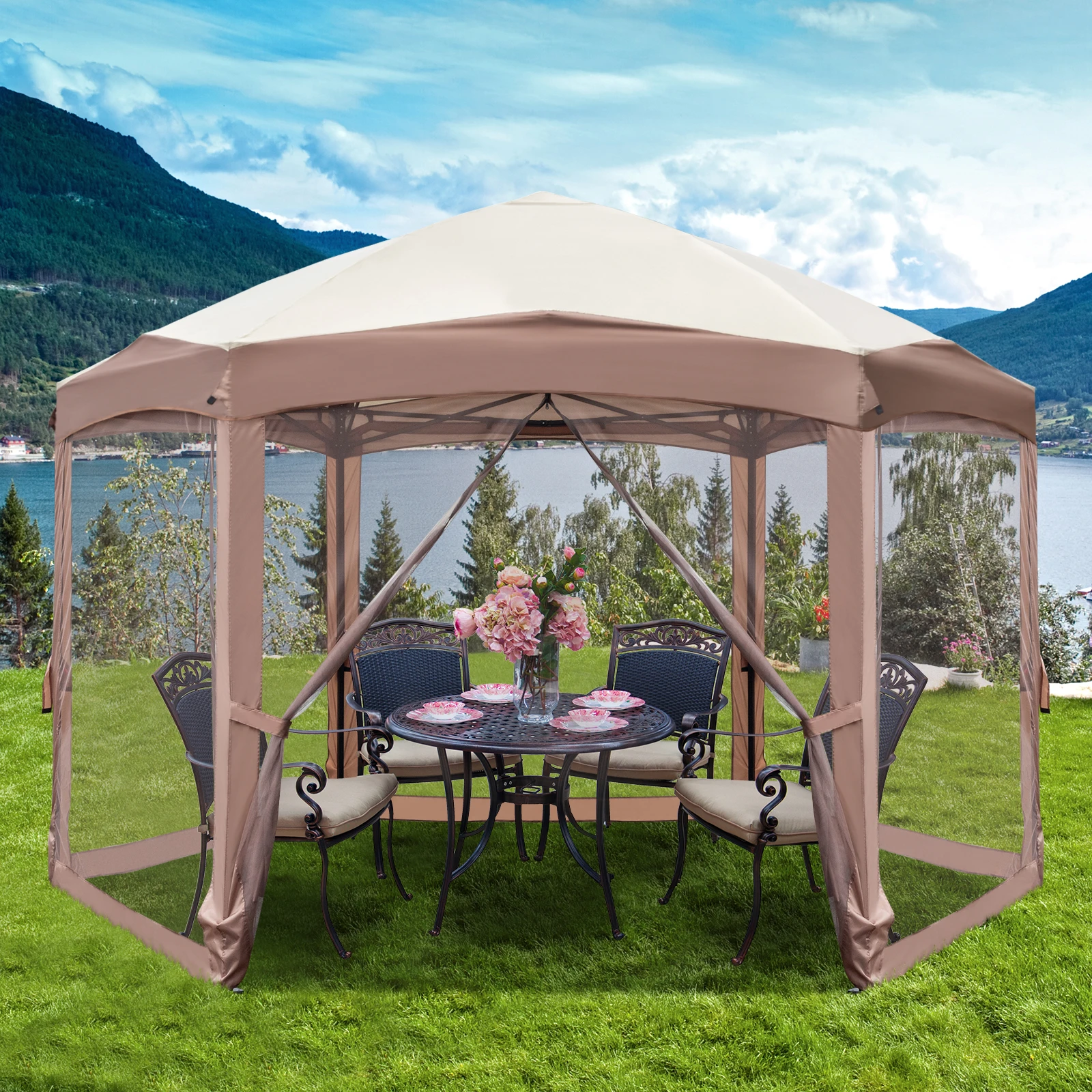 10'X12' Outdoor Gazebo Canopy, Steel Frame Waterproof Top, Portable Folding Patio Gazebo for Camping, Garden, Pool