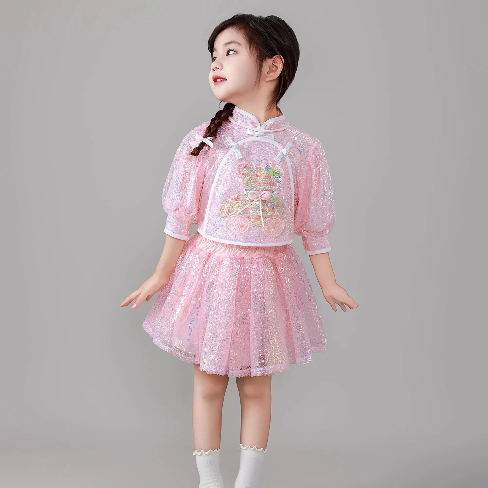 

Sequin Dance Costume Girls Lyrical Contemporary Freestyle Pink Dance Dress Girls Children Kids