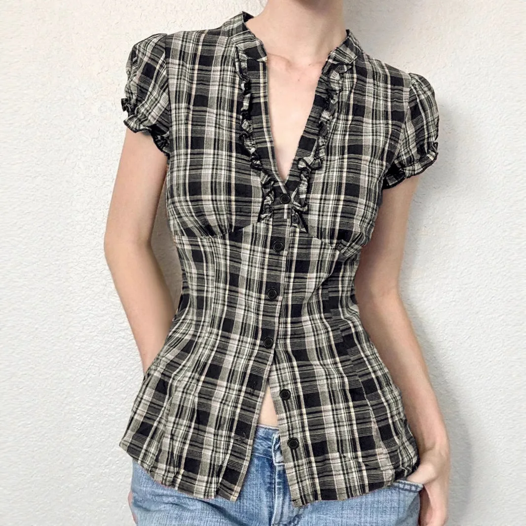 

Y2K Plaid Shirt Women V Neck Cinched Waist Bubble Sleeve British Style Feminine Top