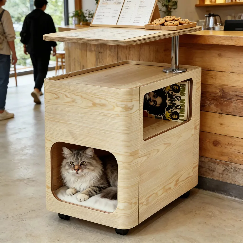 Luxury Wood Cat Condo End Table With Swivel Work Tray Rolling Pet Bed Storage Shelving For Living Room Home Furniture Decor