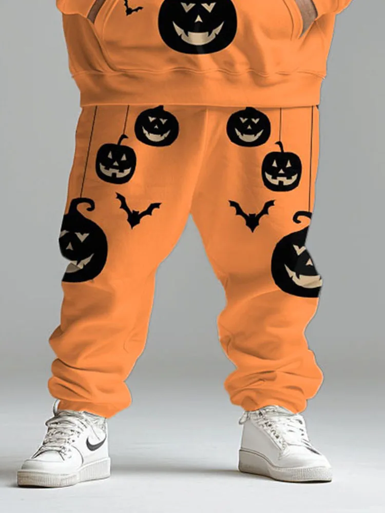 Biggmans Halloween Pumpkin Print Plus Size Outfit Casual Men Hoodie Long Pants Party Suit Club Male Trouser Pocket Two Piece Set