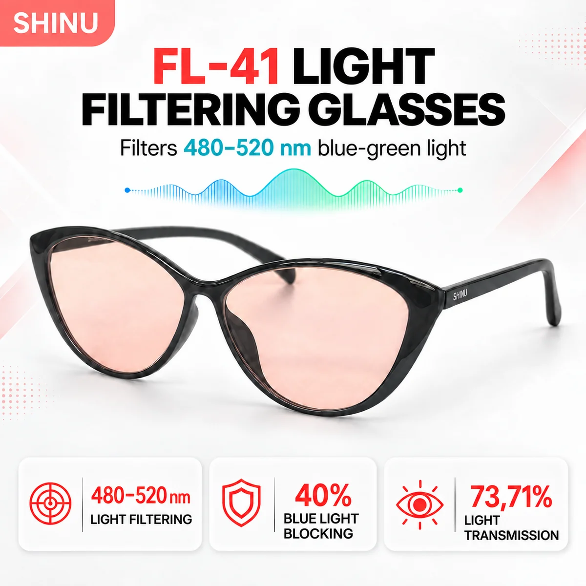 shinu-fl41-頻尿防止メガネ、薄い色調のfl-41メガネ、73-の光透過率、キャットアイ型、tr90素材、fl41フィルター付き、屋内用。