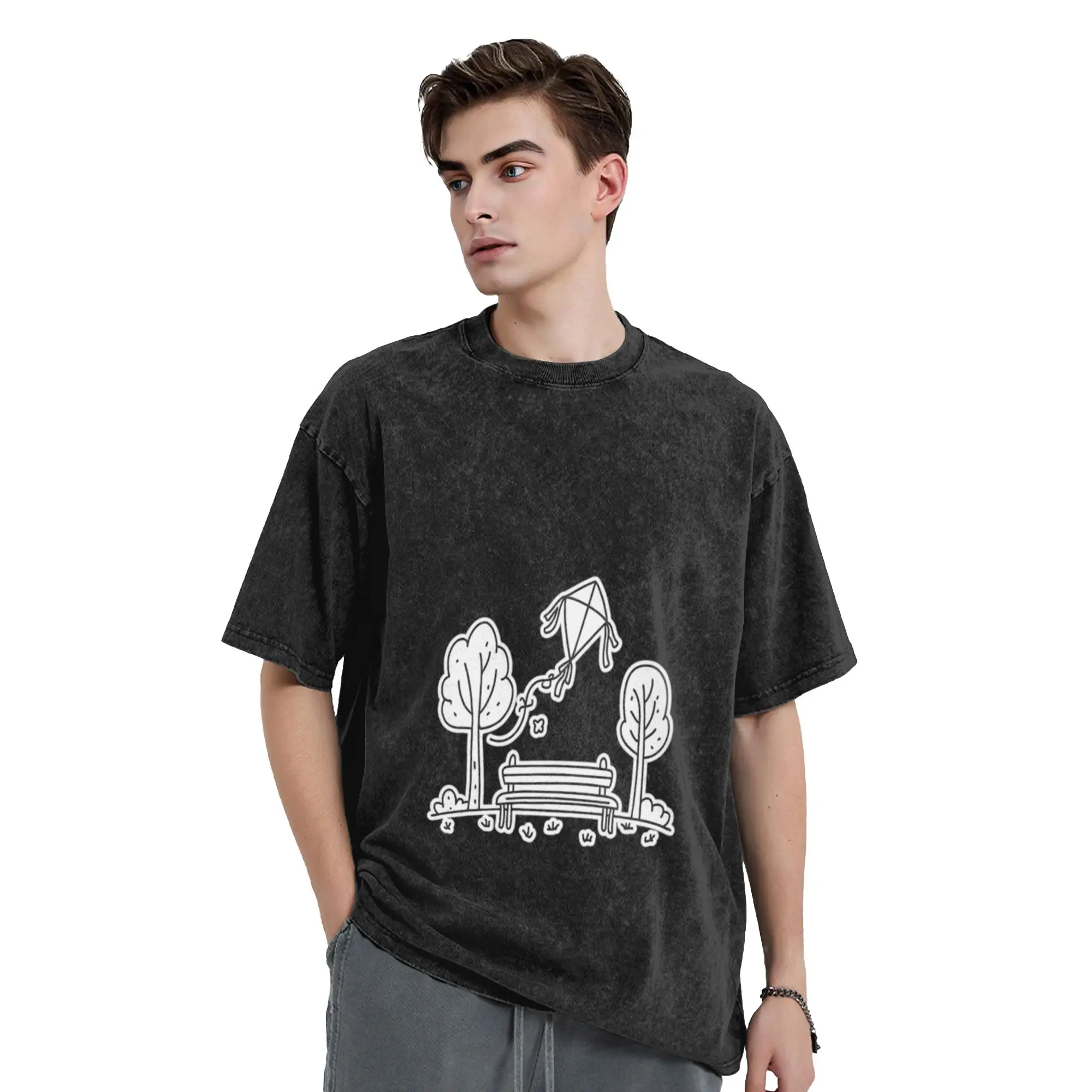 Kite flying above a quiet park in doodle sketch Classic Cool A Washed T Shirt Men's Women's Oversized Cotton Tees Tops