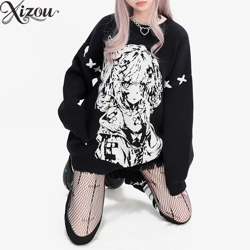 

Субкультура, женский длинный пуловер в японском стиле, свитер, новинка 2025, осенне-зимняя мода, свободные повседневные вязаные свитера для женщин