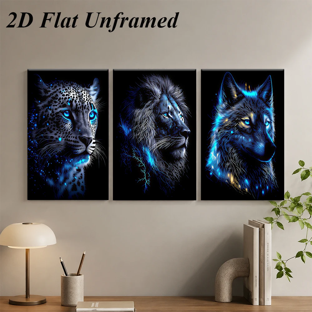 1 set of modern minimalist triptych frameless decorative paintings of wolves, lions, leopards, triptych paintings 2D plan