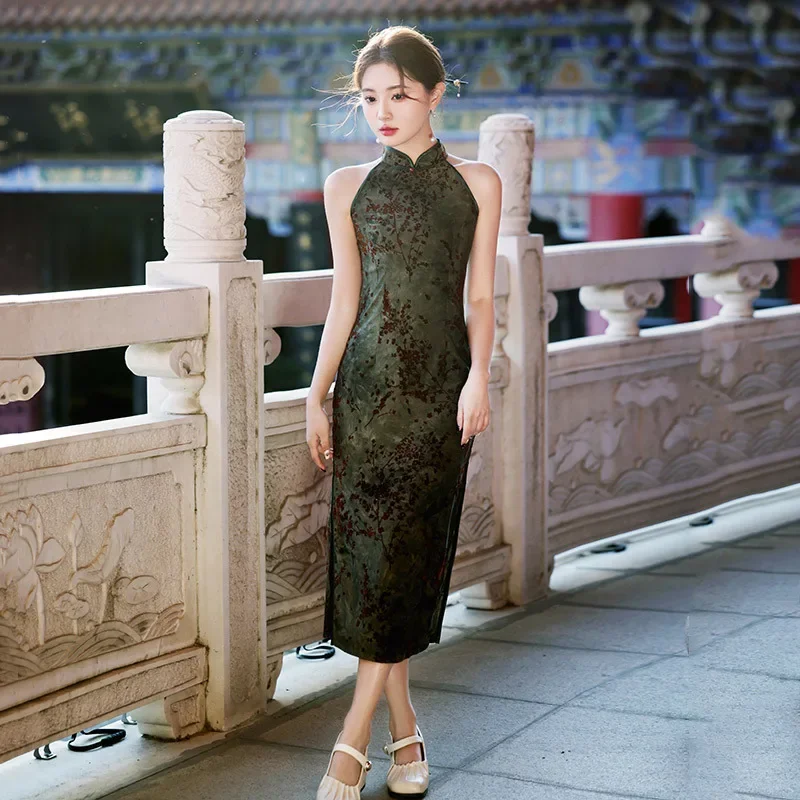 オリジナルレトロな新中国風のホルター夏のドレスの女性若い女の子エレガントなドレスサマードレス女性-vestidos-デ-mujer